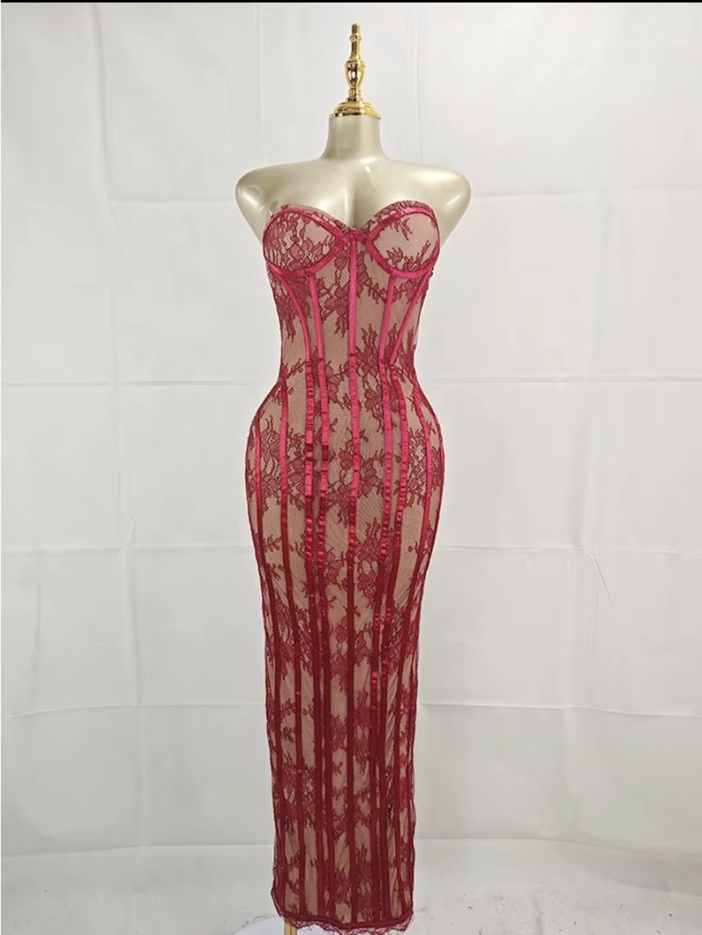 Strapless Red Lace Column Evening Dress
